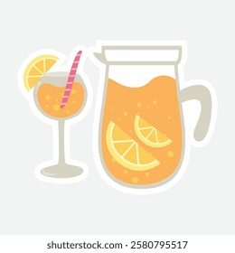 Refreshing Lemonade Set Sticker - Vector Design. Delightful vector sticker featuring a pitcher and glass of lemonade with lemon slices. Perfect for summer themes, party invitations, and digital decor