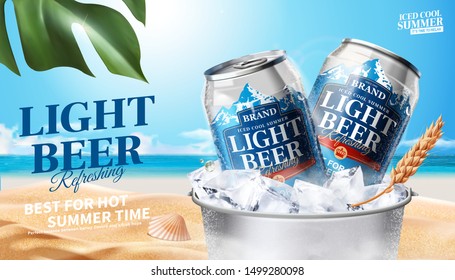 Refreshing light beer in ice bucket on summer beach background, 3d illustration beverage ads