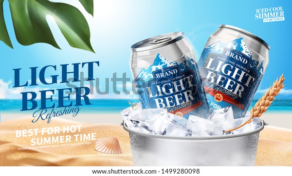 Refreshing light beer in ice\
bucket on summer beach background, 3d illustration beverage\
ads