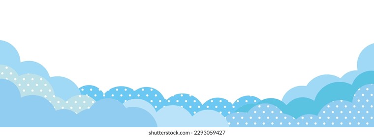 Refreshing light blue long horizontal frame banner background with fluffy cloud shape and polka dots. Space for text.