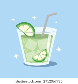 Refreshing Lime Drink with Ice Cubes and Straw