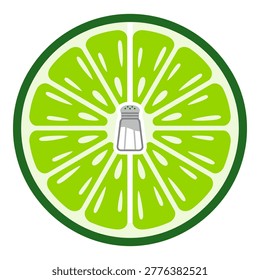 Refreshing lime fruit slice cross section featuring small salt shaker icon placed in middle for drinking concept.