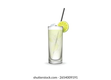 Bebida refrescante de refrigerante de limão em vidro alto com cubos de gelo e palha. Ideal para bebidas de verão e design de menu.