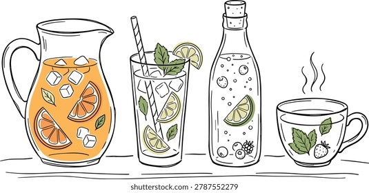 A refreshing line art vector illustration of a variety of healthy summer beverages arranged in a row. The collection includes a large glass jug filled with orange juice, citrus slices, mint leaves, and ice cubes; a tall cocktail glass with a striped straw containing a fresh mojito drink with mint and lemon; a clear glass bottle sealed with a cork containing sparkling detox water infused with lime and berries; and a warm transparent cup of herbal mint tea showing green leaves and a strawberry accent. This clean doodle style graphic with soft yellow and green color accents is perfect for healthy lifestyle blogs, restaurant beverage menus, summer drink recipes, and nutritional wellness designs.