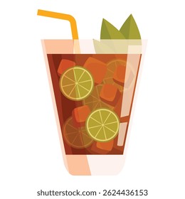 Refreshing long island iced tea cocktail is served in a tall glass with ice, lime and straw