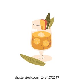 Refreshing Mango Cocktail Glass Garnished With A Slice Of Mango, Ice Cubes, And Tropical Leaves. Summer Beverage, Vector