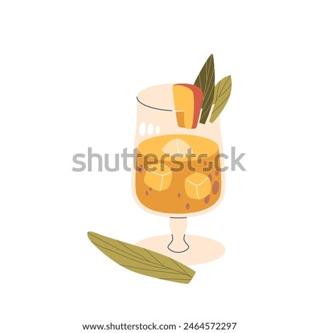 Refreshing Mango Cocktail Glass Garnished With A Slice Of Mango, Ice Cubes, And Tropical Leaves. Summer Beverage, Vector