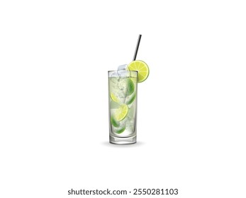 Cóctel refrescante de Margarita en un vaso con borde de sal y rebanada de lima sobre fondo blanco. Refrescante Vector de cóctel Margarita | Vidrio con borde de sal y rebanada de cal | Bebida clásica de Margarita