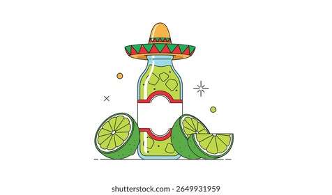 Refreshing margarita cocktail with limes and sombrero festive drink beverage