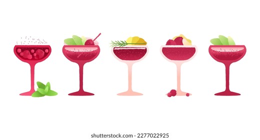 Refrescante coctel de margarita. Bebida alcohólica para vacaciones y eventos. Ilustración plana de gradiente vectorial con textura. Bebidas rosas para el bar con bayas y menta