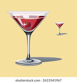 A refreshing martini glass, complete with a cherry perched on top, is set against a warm, sunny yellow background. The glass is elegant and clear, showcasing the drink's smooth surface, while the vibr