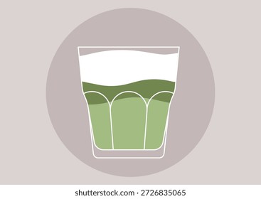 A refreshing matcha drink in a clear glass reveals vibrant green layers, offering a unique visual and flavor experience, perfect for a peaceful café moment on a sunny afternoon