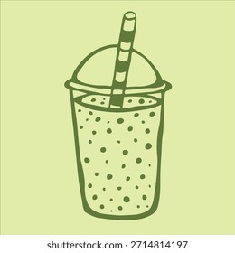 Refreshing matcha green tea drink in a modern clear plastic cup with a lid and straw, perfect for a takeaway. Placed on a soothing light green background