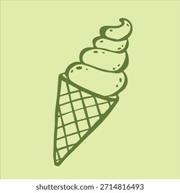 Cone de sorvete de chá verde matcha refrescante, perfeitamente girado em um cone crocante, em um fundo verde claro suave e sereno.