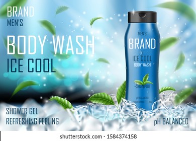 Refreshing men s body wash gel with mint leaves and ice cubes elements. Realistic body wash ad for poster. men s care product design. 3d vector illustration