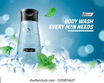 Refreshing men's body wash with frozen ice cubes and mint leaves on blue background in 3d illustration