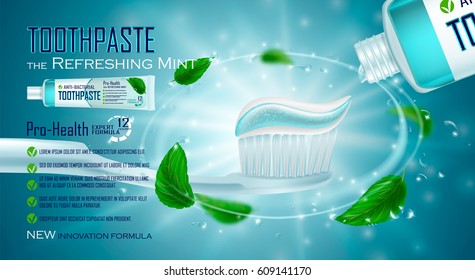 Refreshing mint, Toothpaste ads design. White and blue Toothpaste on toothbrush, water drops, mint leaves. Drawn elements,3d vector illustration, cosmetics product, blure, shine, sparkling background.