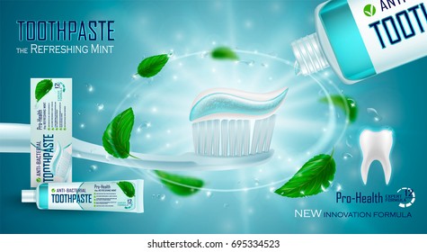 Menta refrescante, design de anúncios de pasta de dente. Pasta de dentes branca e azul na escova de dentes, gotas de água, folhas de hortelã. Elementos desenhados, ilustração vetorial 3D, produto cosmético, blure, brilho, fundo espumante.