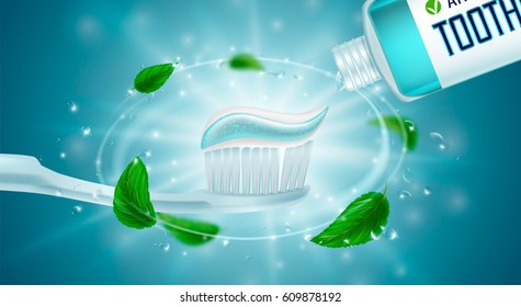 Refreshing mint, Toothpaste ads. Toothpaste on toothbrush, water drops, mint leaves. Drawn elements, 3d vector illustration, cosmetics product, blure, shine background, sparkling effect.