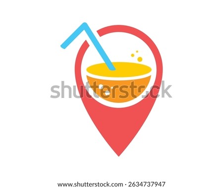 A refreshing, modern logo icon featuring a vibrant drink within a map pin. Perfect for travel, food apps, or summer promotions. Bright colors convey energy and fun.