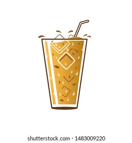 A refreshing and modern vector illustration of a tall glass of iced coffee filled with ice cubes and a straw. The design features a delicious golden-brown gradient representing creamy latte, macchiato, or cold brew coffee. This stylish icon is perfect for specialty coffee shops, cafes, beverage brands, menus, and summer-themed refreshment promotions.