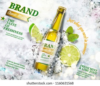 Refreshing mojito ads with a bottle of beverage laying on crushed ice background in 3d illustration