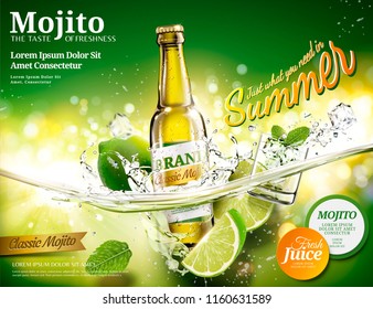 Refreshing mojito ads with a bottle of beverage dropping into transparent liquid in 3d illustration, green bokeh background