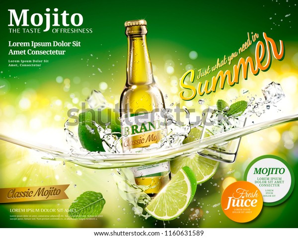 Download Refreshing Mojito Ads Bottle Beverage Dropping Stock Vector Royalty Free 1160631589 PSD Mockup Templates
