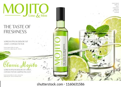 Refreshing mojito ads with glass bottle package design, lime, mint and other ingredients in 3d illustration