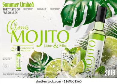 Refreshing mojito ads with ice cubes and limes in 3d illustration, tropical leaves background