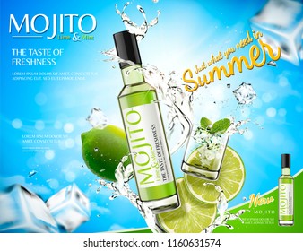 Refreshing mojito ads with splashing liquid and lime, ice cubes elements in 3d illustration, bokeh blue background