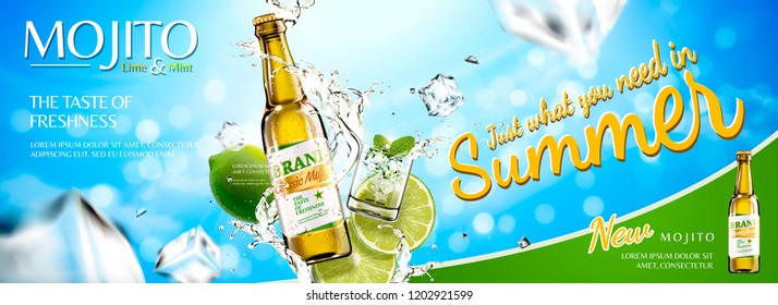 Refreshing mojito banner ads with sliced fruit and ice cubes on blue sky background, 3d illustration