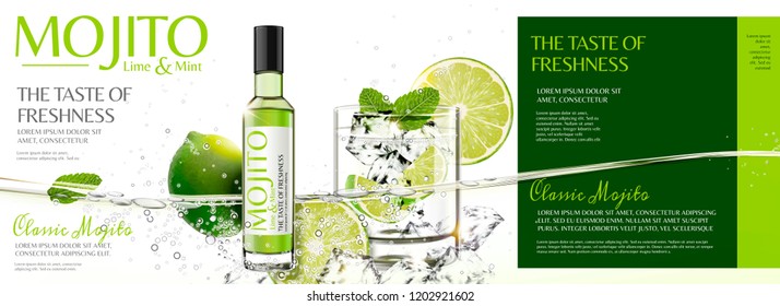 Refreshing mojito banner ads with sliced fruit and ice cubes floating in the water, 3d illustration