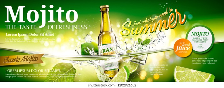 Refreshing mojito banner ads with sliced fruit and ice cubes floating in the water, 3d illustration