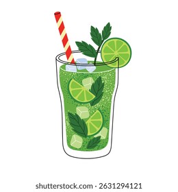 Refreshing mojito cocktail in glass with lime slices, mint leaves, ice cubes and striped straw. Summer green drink. Vector illustration isolated on white background.