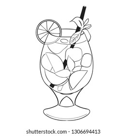 Refreshing Mojito cocktail with lime and mint in a tall glass with a straw and ice. Vector