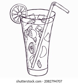 A refreshing mojito cocktail. Line art, vector