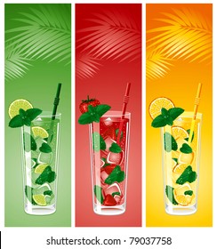 Refreshing mojito cocktails, lime, strawberry and orange with mint
