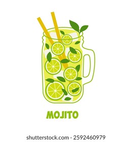 Refreshing mojito with fresh mint and lime slices in a mason jar with yellow straws.