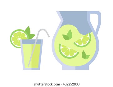 Refreshing mojito. Lime, mint. Glass and carafe. Vector.