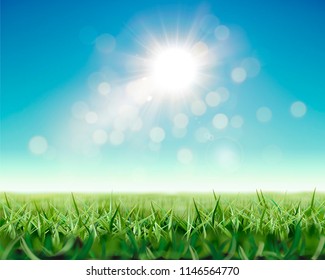 Refreshing nature background with shiny sunlight and green grassland in 3d illustration