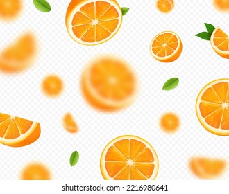 Refrescante fondo naranja. Jugosas naranjas con hojas verdes que caen con rodajas no enfocadas. Vector de fruta voladora