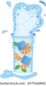 Refreshing orange infused water spilling glass. Iced beverage splash lively motion summer drink. Healthy cool detox drink freshness vector illustration