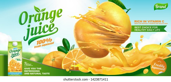 Refreshing orange juice ads with splashing liquid and twisted fruits on bokeh background in 3d illustration