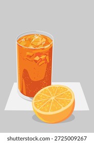 Refrescante zumo de naranja con hielo y media naranja fresca sobre fondo blanco