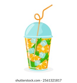 Refreshing orange mint drink in a plastic cup with ice cubes and straw. Vector for summer and citrus themes.