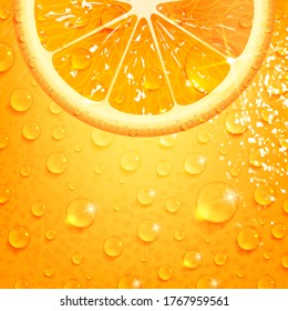 refreshing orange on a background of orange peel with drops of water