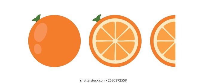 Refreshing organic orange fruit vector cartoon illustrations. Orange cut in half and orange slice. Emoji art work for icons, stickers, labels, branding for orange juice and grocery store. EPS 10.