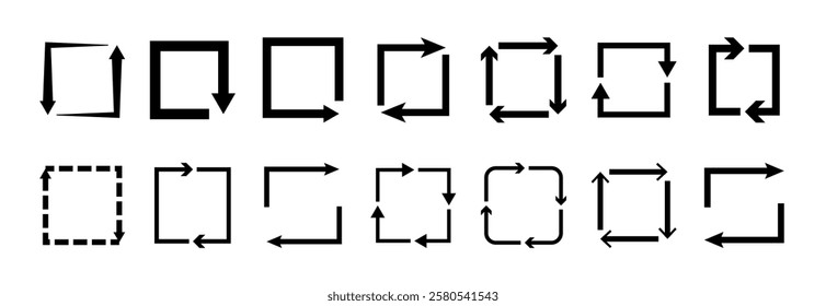 Refreshing page or upgrading process, reloading or renewal progress. Vector isolated set of icons, squares with arrows, recycling or exchange, spinning and swapping motion, repetition or turn