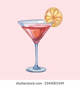 Un refrescante cóctel rosa con una rodaja de limón, perfecto para bebidas de verano, menú de cócteles, diseño de recetas, decoración de bebidas vibrantes, bebida tropical, bebida afrutada, refrescante y fresca.